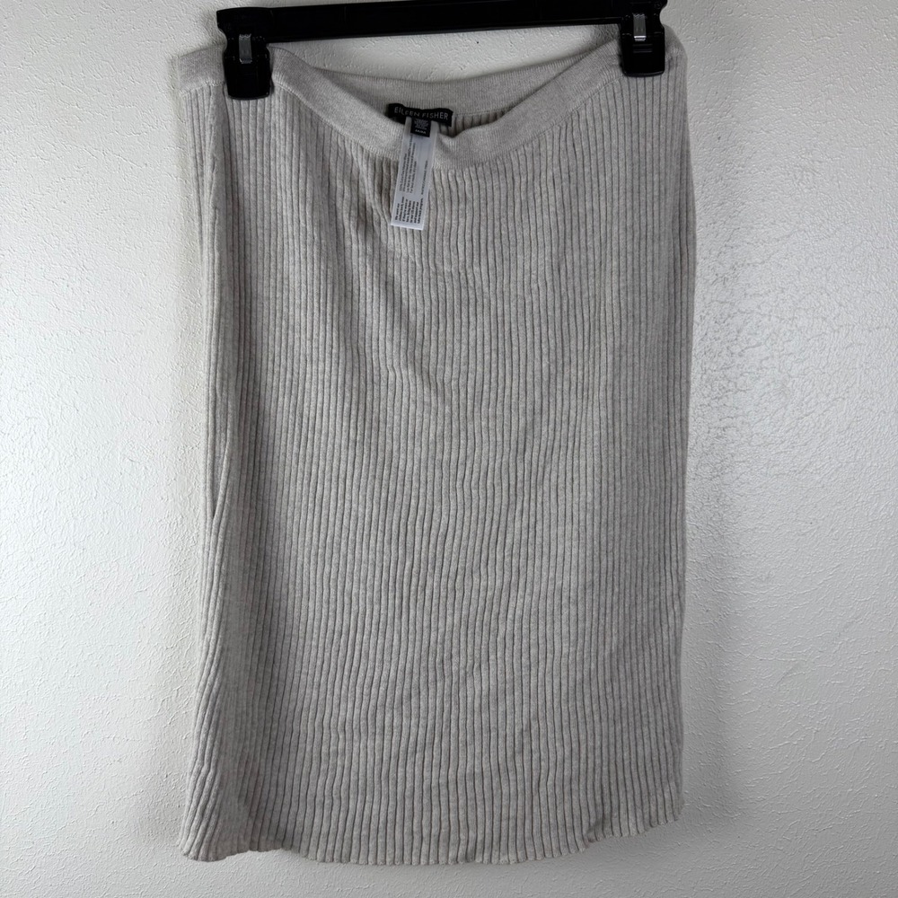 Eileen Fisher Merino Wool Ribbed Knit Midi Skirt‎ Oatmeal Beige Womens Medium